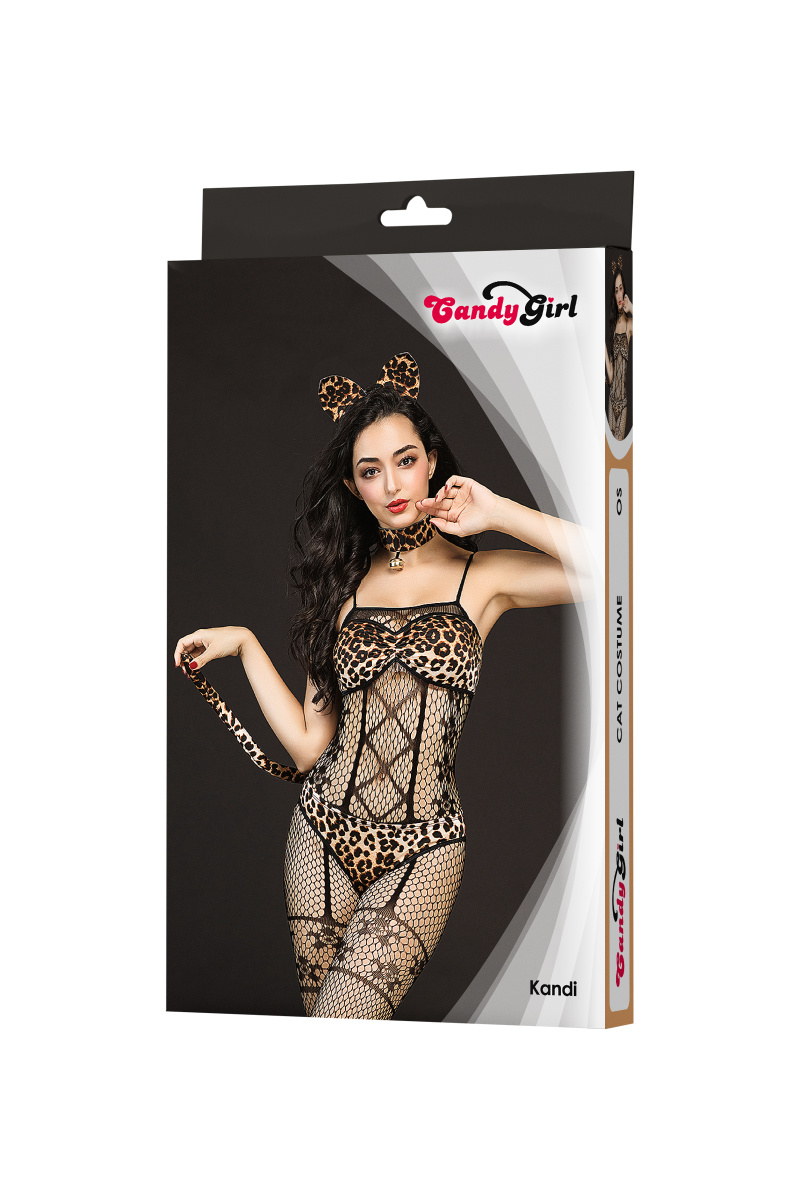Костюм кошки Candy Girl Kandi (костюм-сетка,топ,трусы с хвостом,чокер,головной убор), черный,OS в магазине ESEXTOYS