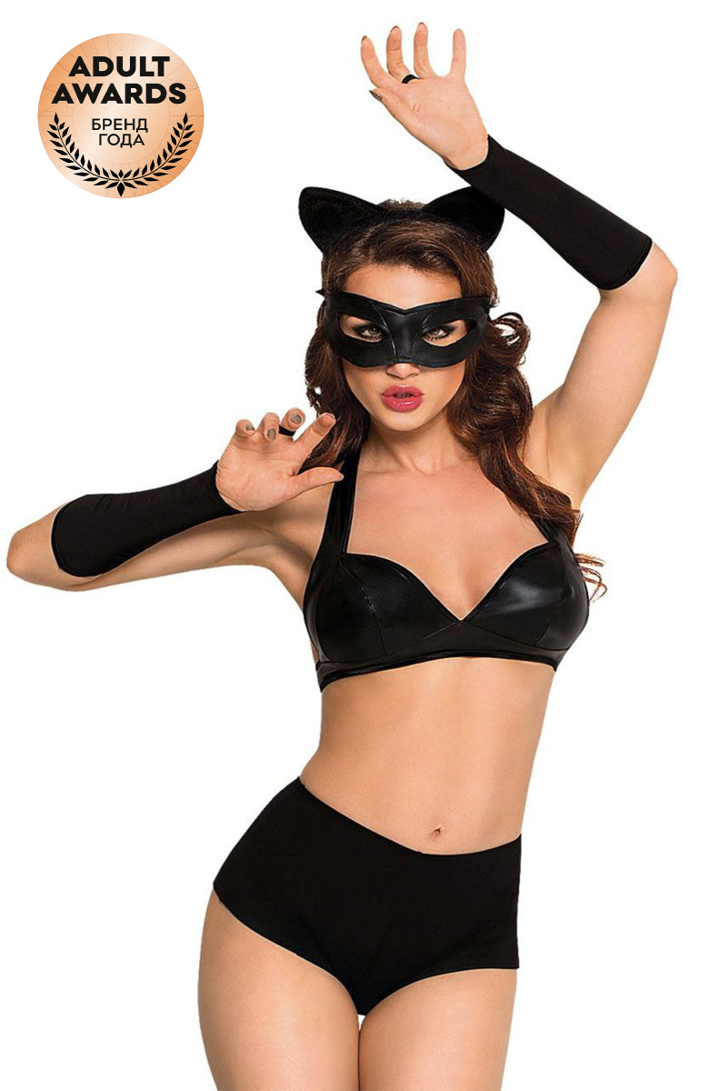 Костюм SoftLine Collection Catwoman (бюстгальтер,шортики,головной убор,маска,перчатки), черный, L в магазине ESEXTOYS