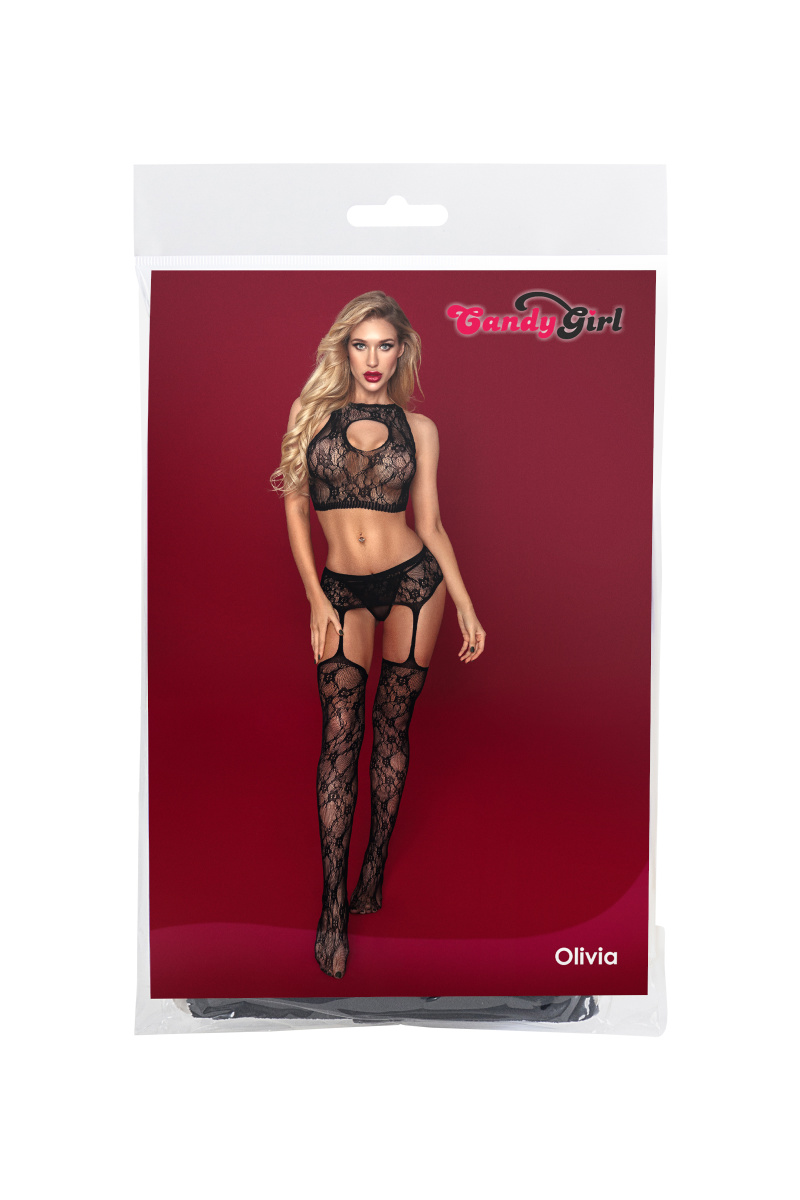Костюм-сетка Candy Girl Olivia (топ, чулки с поясом, стринги) черный, OS в магазине ESEXTOYS