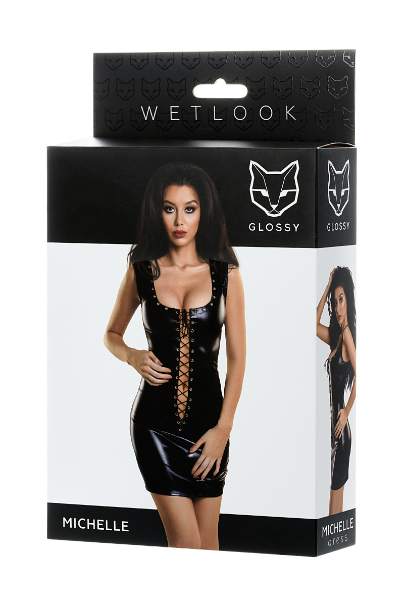 Платье Glossy MICHELLE из материала Wetlook с заклепками, черный, S в магазине ESEXTOYS