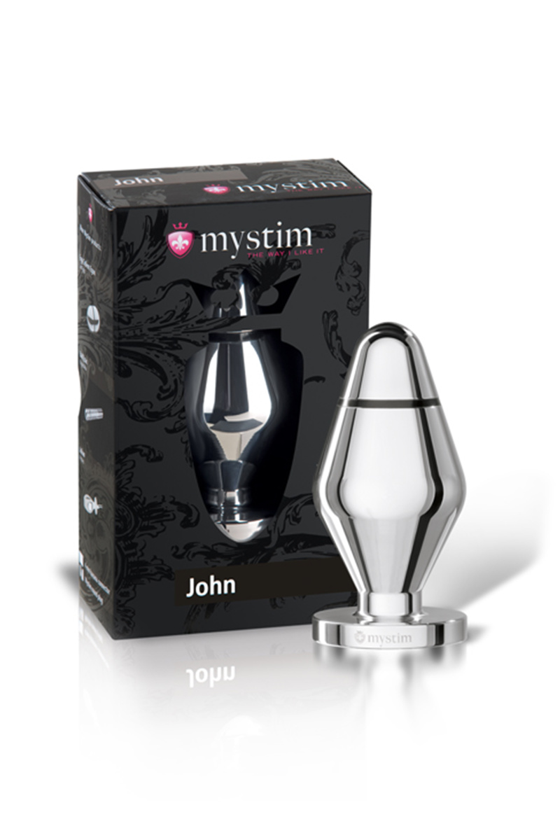 Анальная пробка Mystim John L, электростимуляция, хирургическая сталь, серебряная, 10,5 см, Ø 5 см в магазине ESEXTOYS
