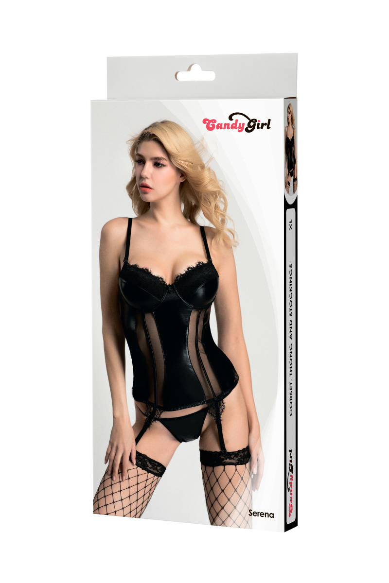 Корсет, стринги и чулки Candy Girl Serena черные, XL в магазине ESEXTOYS