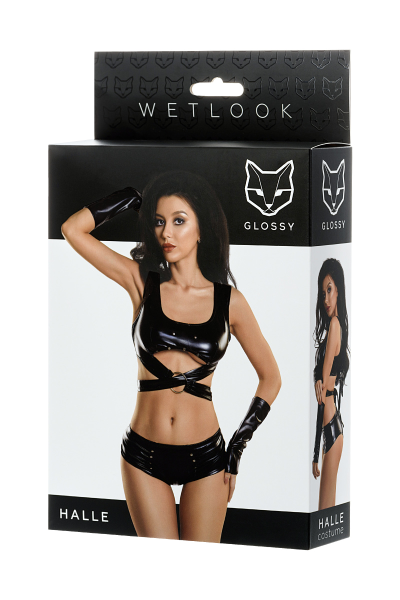 Комплект Glossy HALLE из материала Wetlook (топ, мини-шорты и перчатки), черный, М в магазине ESEXTOYS
