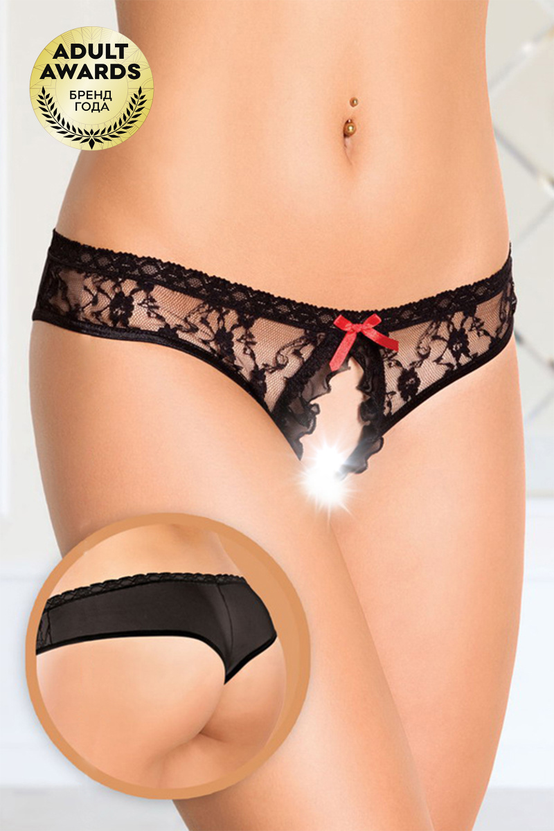 Трусики кружевные открытые SoftLine Collection, черный, S/M в магазине ESEXTOYS